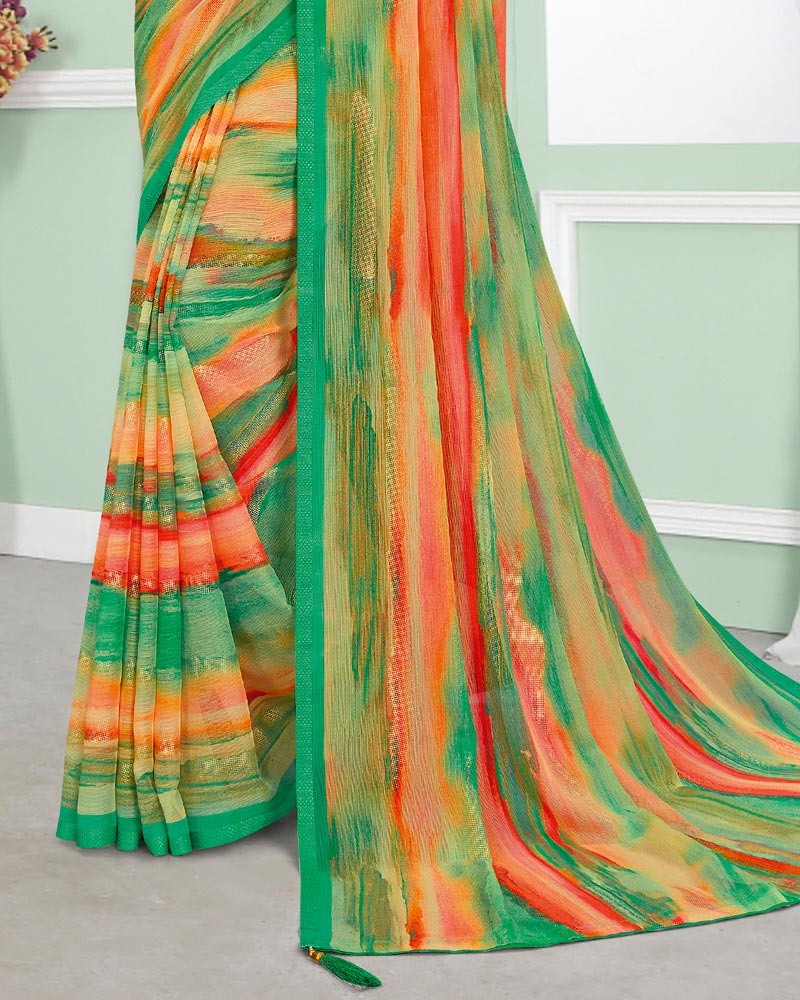 Vishal Prints Dark Sea Green Digital Print Chiffon Saree With Foil Print And Tassel