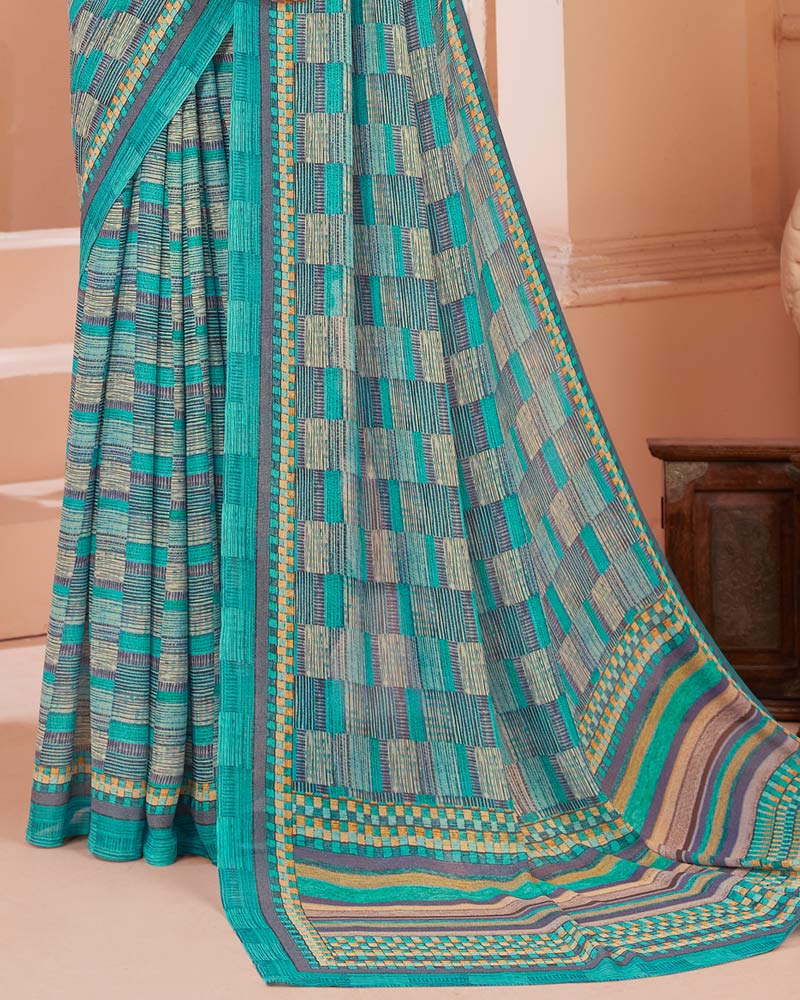 Vishal Prints Dark Turquoise Blue Digital Print Criva Crepe Saree