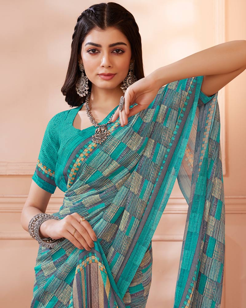 Vishal Prints Dark Turquoise Blue Digital Print Criva Crepe Saree
