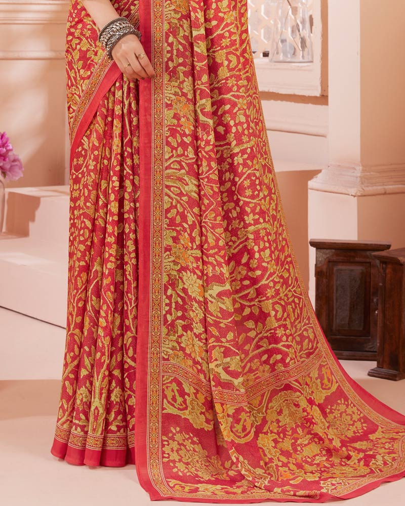 Vishal Prints Cherry Red Digital Print Criva Crepe Saree