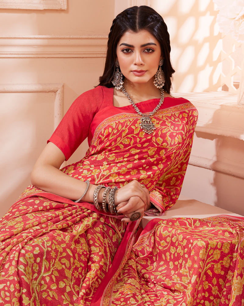 Vishal Prints Cherry Red Digital Print Criva Crepe Saree
