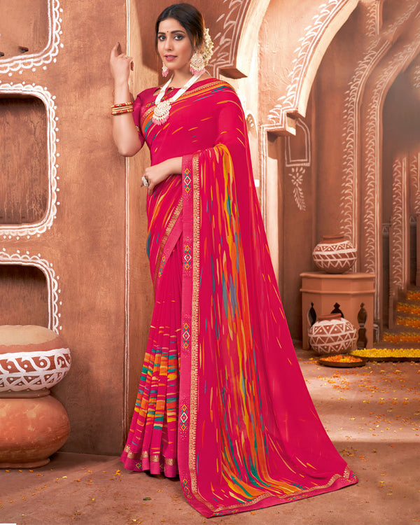 Vishal Prints Red Pink Printed Georgette Saree With Border
