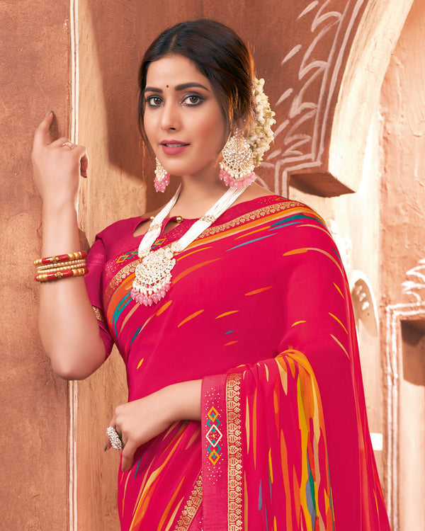 Vishal Prints Red Pink Printed Georgette Saree With Border