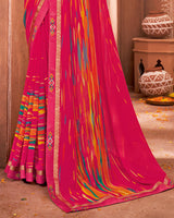 Vishal Prints Red Pink Printed Georgette Saree With Border