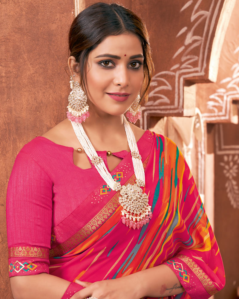 Vishal Prints Red Pink Printed Georgette Saree With Border