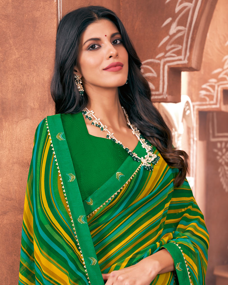 Vishal Prints Dark Green Printed Georgette Saree With Border