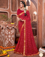 Vishal Prints Pinkish Red Printed Georgette Saree With Border