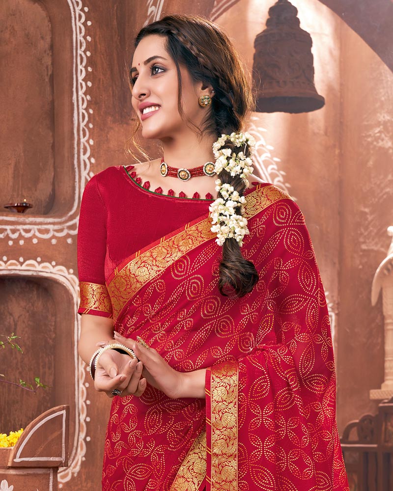 Vishal Prints Pinkish Red Printed Georgette Saree With Border