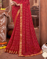 Vishal Prints Pinkish Red Printed Georgette Saree With Border
