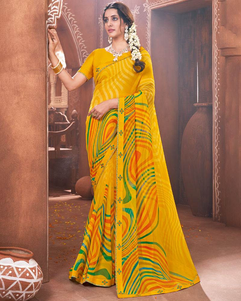 Vishal Prints Golden Yellow Printed Georgette Saree With Border