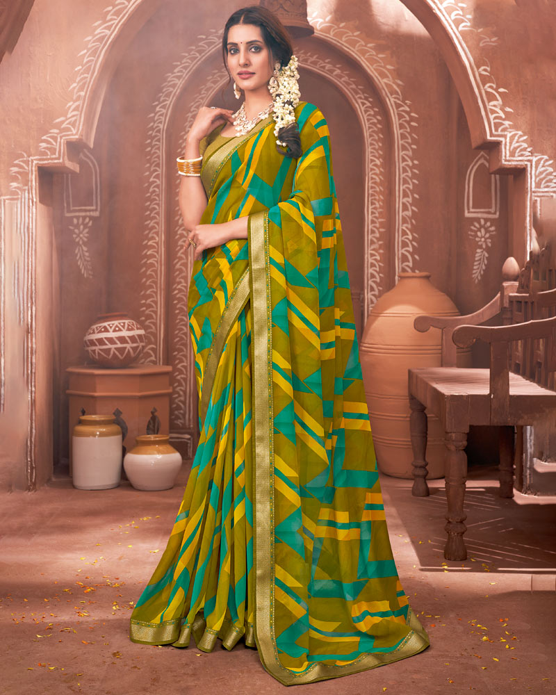 Vishal Prints Dark Mustard Printed Georgette Saree With Border