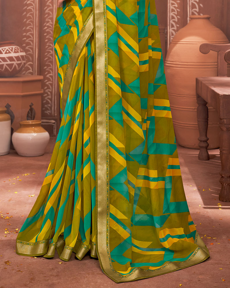 Vishal Prints Dark Mustard Printed Georgette Saree With Border