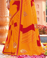 Vishal Prints Orange Printed Georgette Saree With Foil Print And Fancy Border