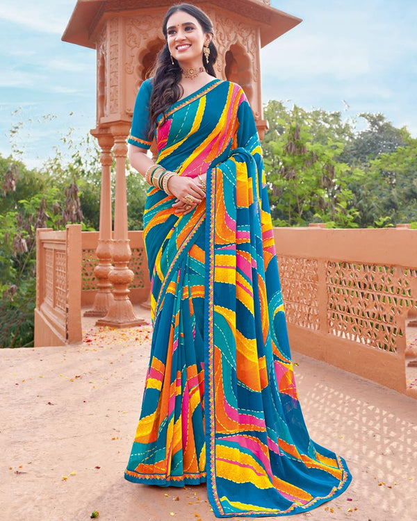 Vishal Prints Persian Blue Printed Georgette Saree With Fancy Border