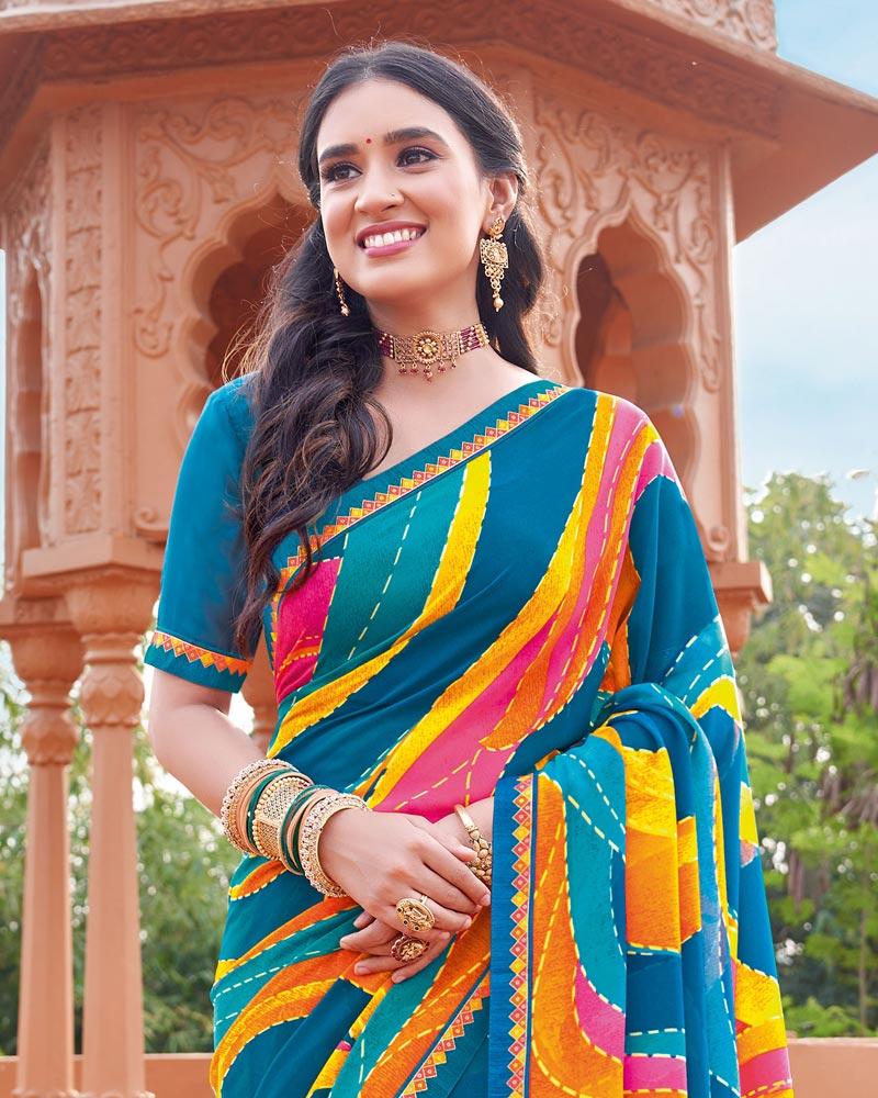 Vishal Prints Persian Blue Printed Georgette Saree With Fancy Border