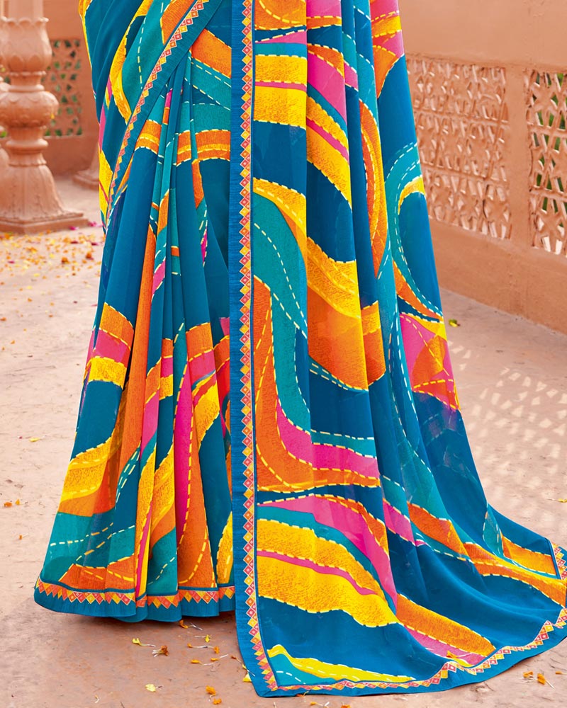 Vishal Prints Persian Blue Printed Georgette Saree With Fancy Border