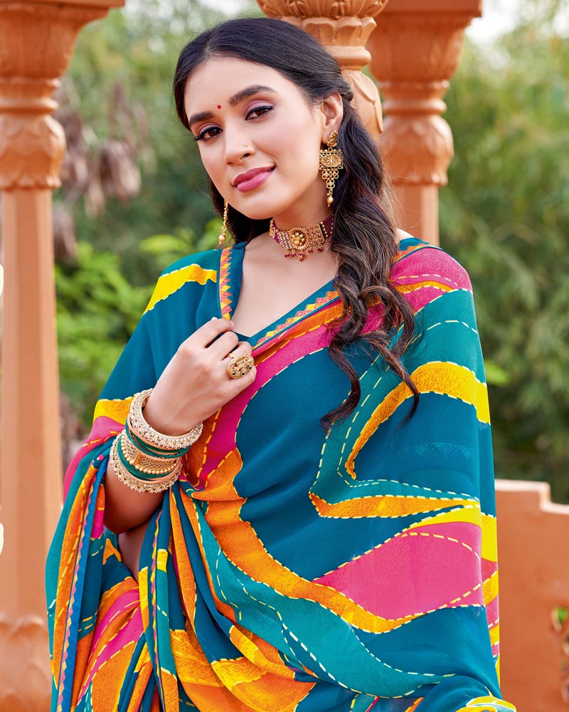 Vishal Prints Persian Blue Printed Georgette Saree With Fancy Border