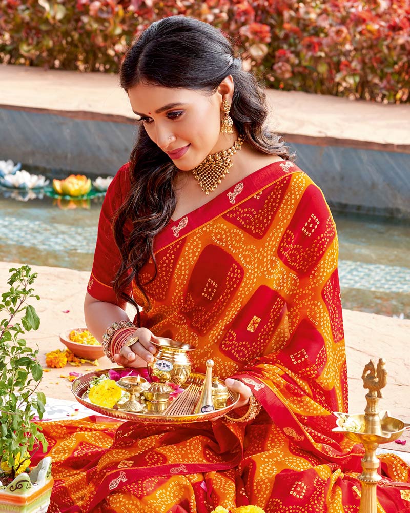Vishal Prints Shiraz Red Printed Georgette Saree With Fancy Border