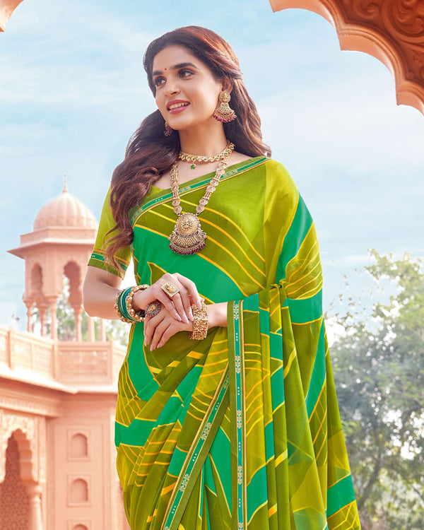 Vishal Prints Olive Green Printed Georgette Saree With Fancy Border