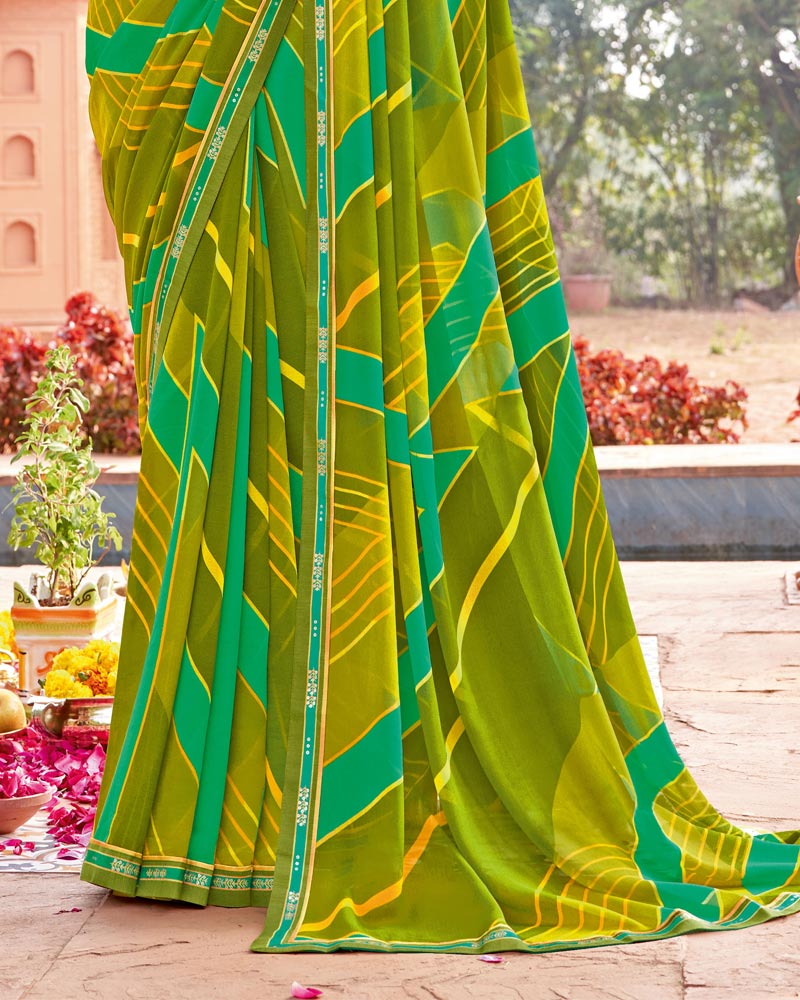 Vishal Prints Olive Green Printed Georgette Saree With Fancy Border