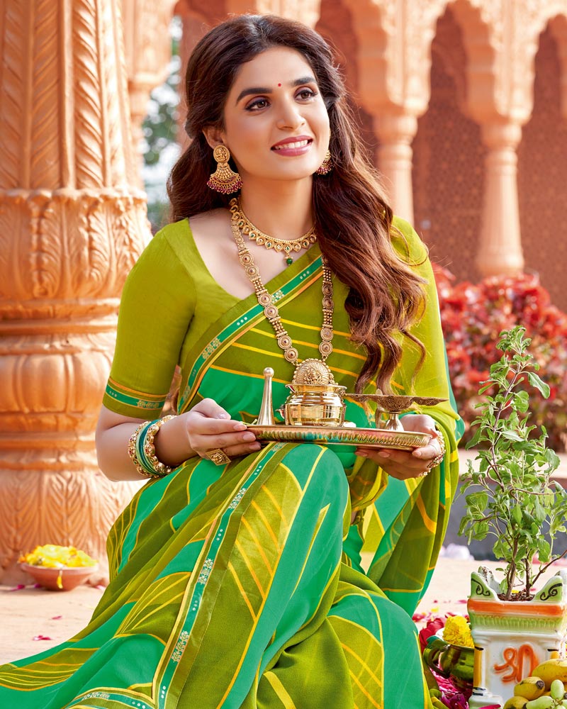Vishal Prints Olive Green Printed Georgette Saree With Fancy Border