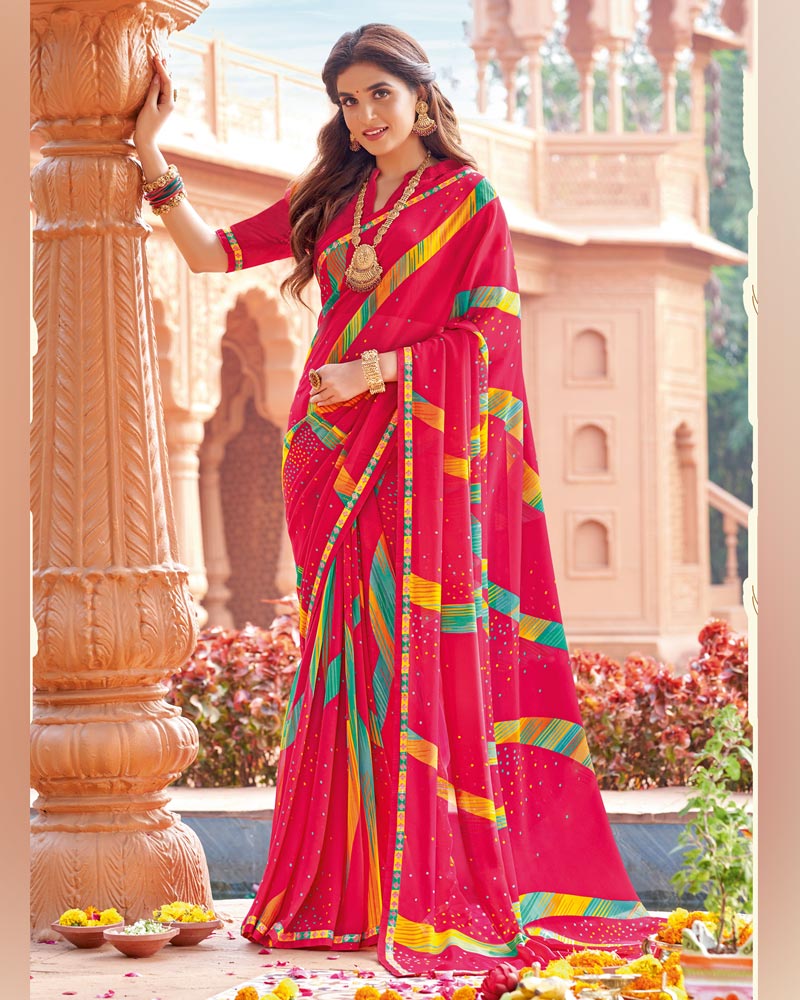 Vishal Prints Raspberry Pink Printed Georgette Saree With Fancy Border