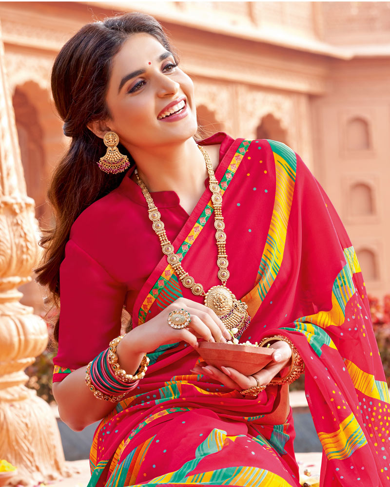 Vishal Prints Raspberry Pink Printed Georgette Saree With Fancy Border