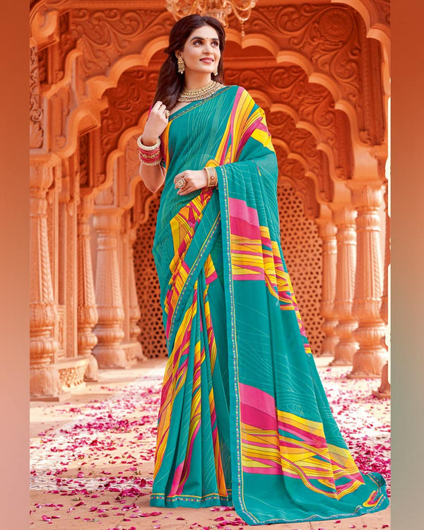 Vishal Prints Teal Blue Printed Georgette Saree With Fancy Border