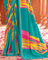 Vishal Prints Teal Blue Printed Georgette Saree With Fancy Border