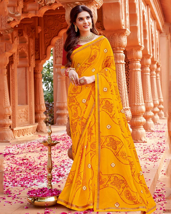 Vishal Prints Golden Yellow Printed Georgette Saree With Foil Print And Fancy Border