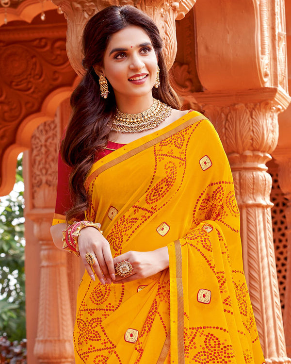 Vishal Prints Golden Yellow Printed Georgette Saree With Foil Print And Fancy Border
