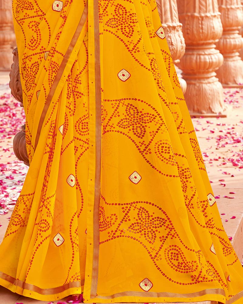 Vishal Prints Golden Yellow Printed Georgette Saree With Foil Print And Fancy Border