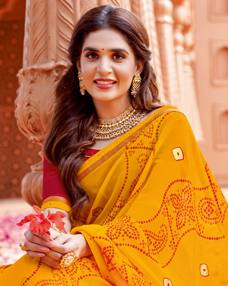 Vishal Prints Golden Yellow Printed Georgette Saree With Foil Print And Fancy Border