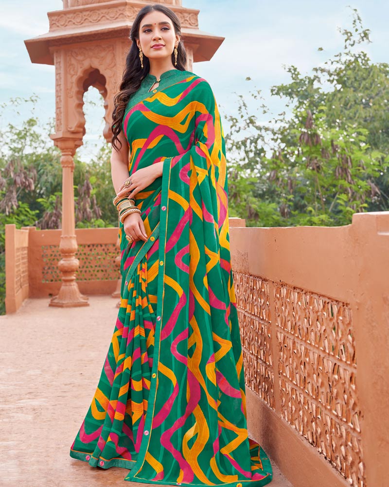 Vishal Prints Forest Green Printed Georgette Saree With Fancy Border