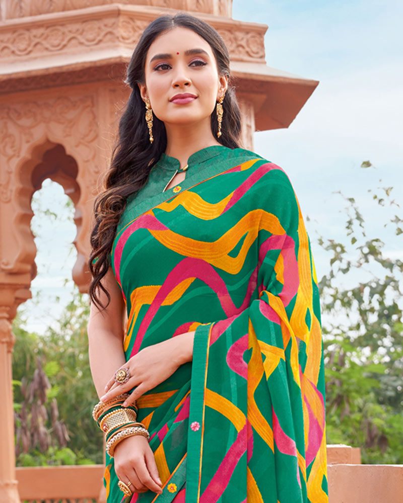 Vishal Prints Forest Green Printed Georgette Saree With Fancy Border