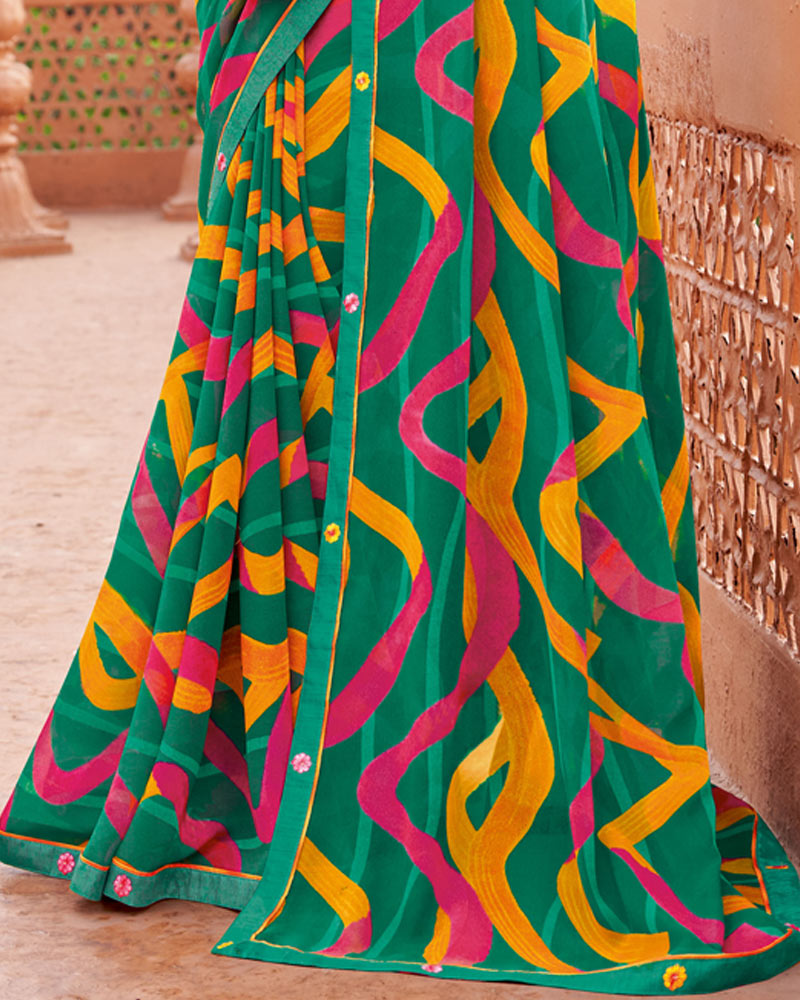 Vishal Prints Forest Green Printed Georgette Saree With Fancy Border