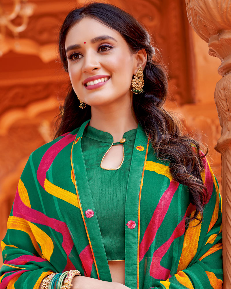 Vishal Prints Forest Green Printed Georgette Saree With Fancy Border