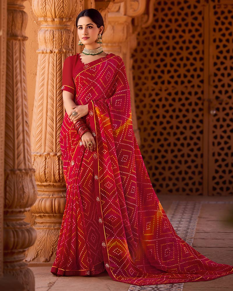 Vishal Prints Shiraz Red Printed Georgette Saree With Fancy Border