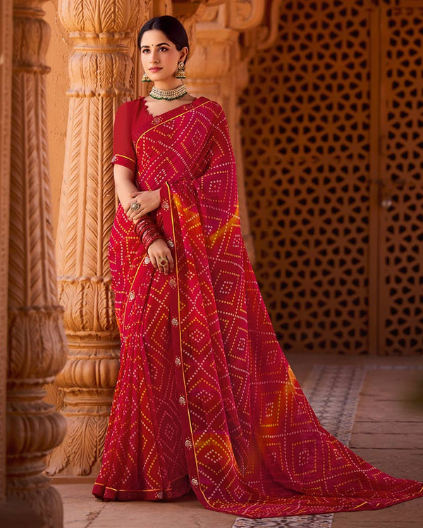 Vishal Prints Shiraz Red Printed Georgette Saree With Fancy Border