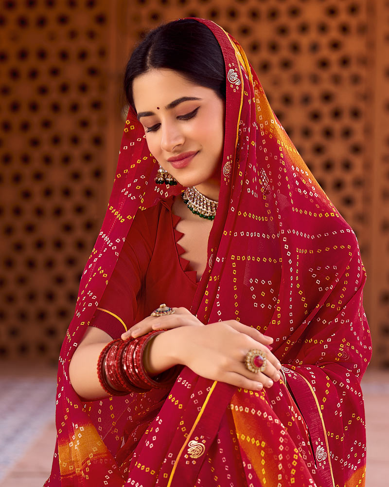 Vishal Prints Shiraz Red Printed Georgette Saree With Fancy Border