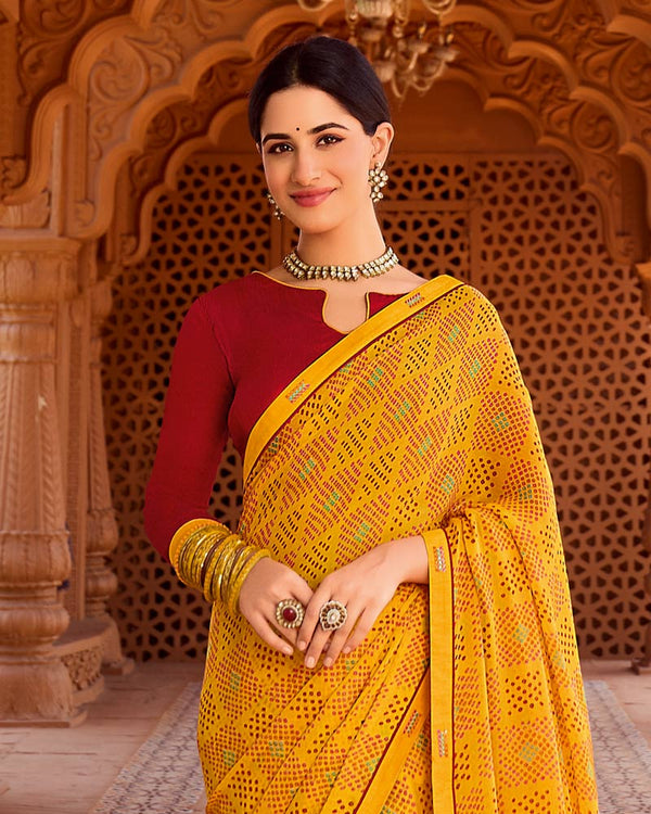 Vishal Prints Chrome Yellow Printed Chiffon Saree With Fancy Border