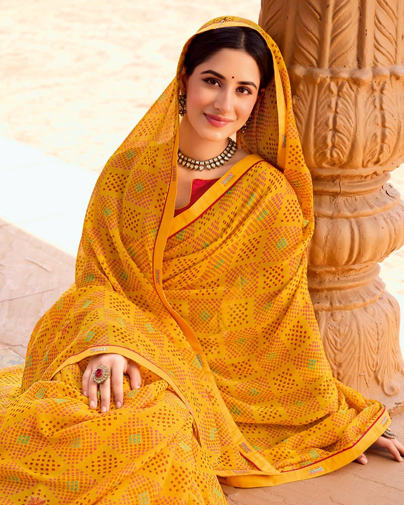 Vishal Prints Chrome Yellow Printed Chiffon Saree With Fancy Border