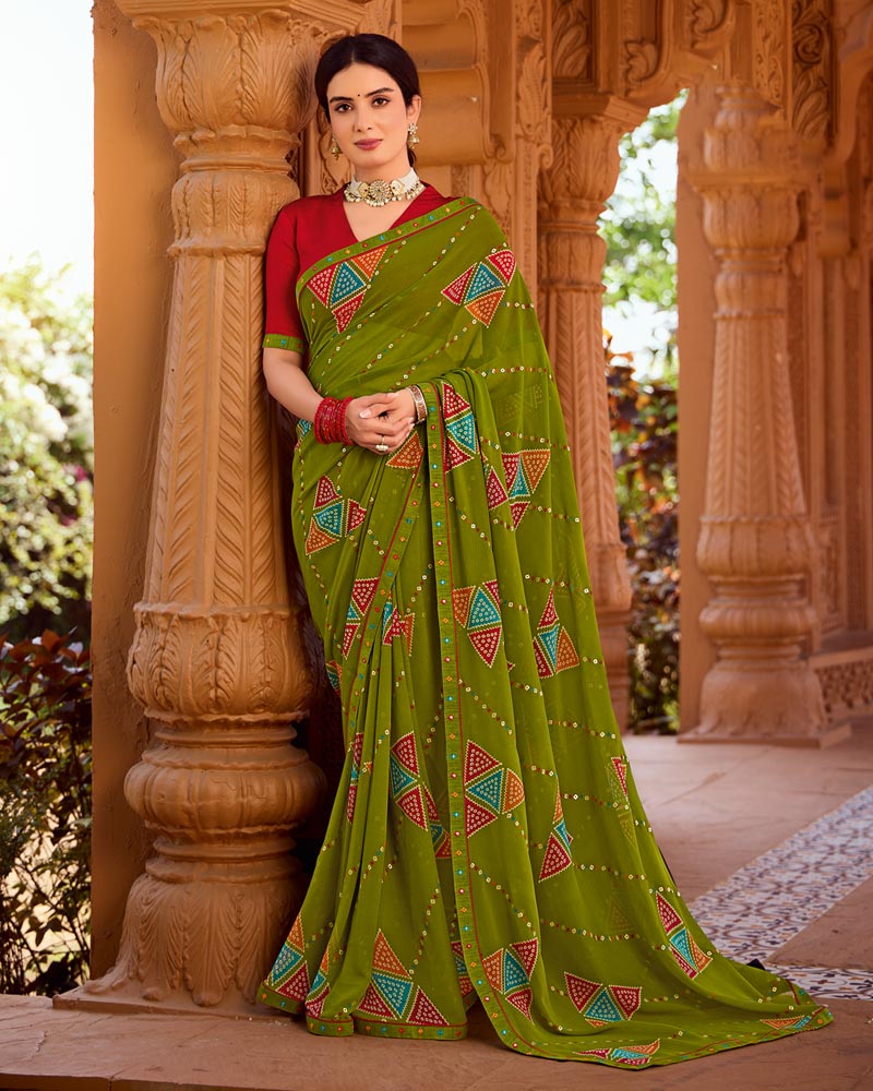 Vishal Prints Olive Green Printed Georgette Saree With Foil Print And Fancy Border