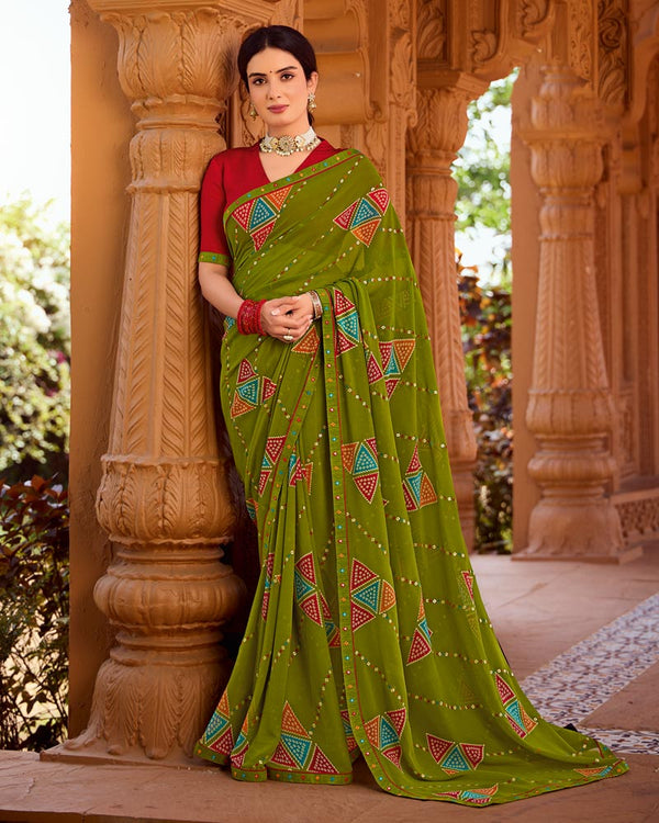 Vishal Prints Olive Green Printed Georgette Saree With Foil Print And Fancy Border
