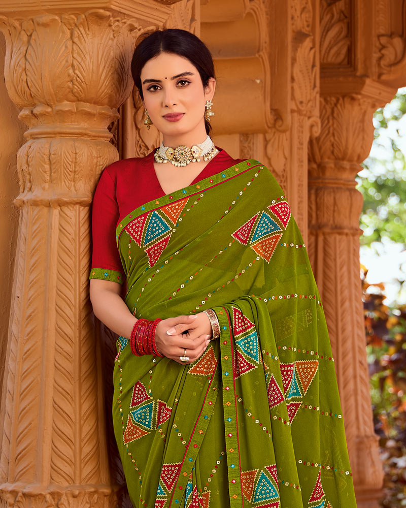 Vishal Prints Olive Green Printed Georgette Saree With Foil Print And Fancy Border