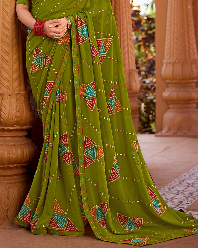 Vishal Prints Olive Green Printed Georgette Saree With Foil Print And Fancy Border