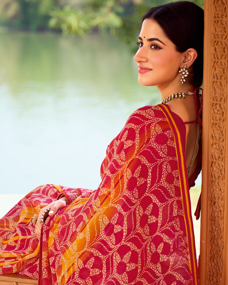Vishal Prints Raspberry Red Printed Georgette Saree With Fancy Border