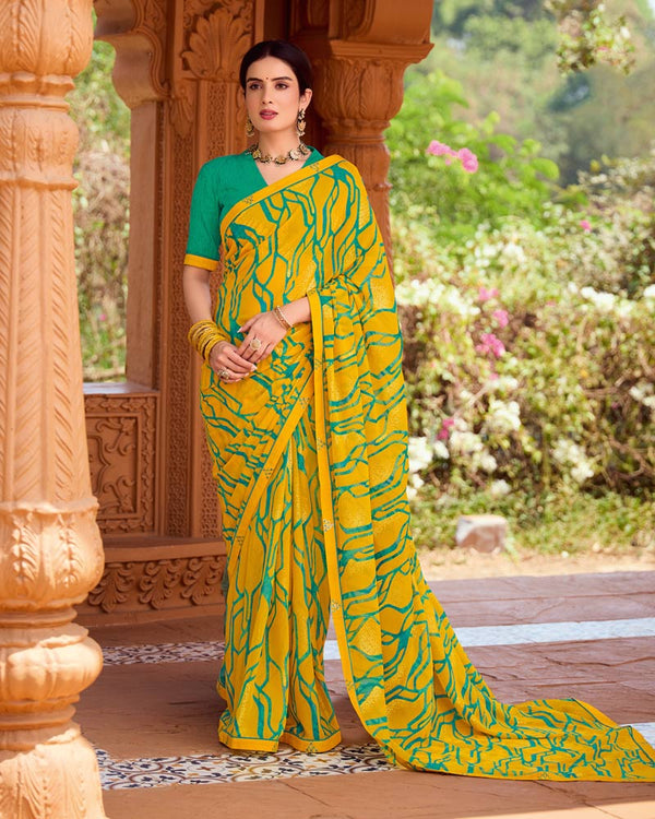 Vishal Prints Mustard Yellow Printed Georgette Saree With Foil Print And Fancy Border