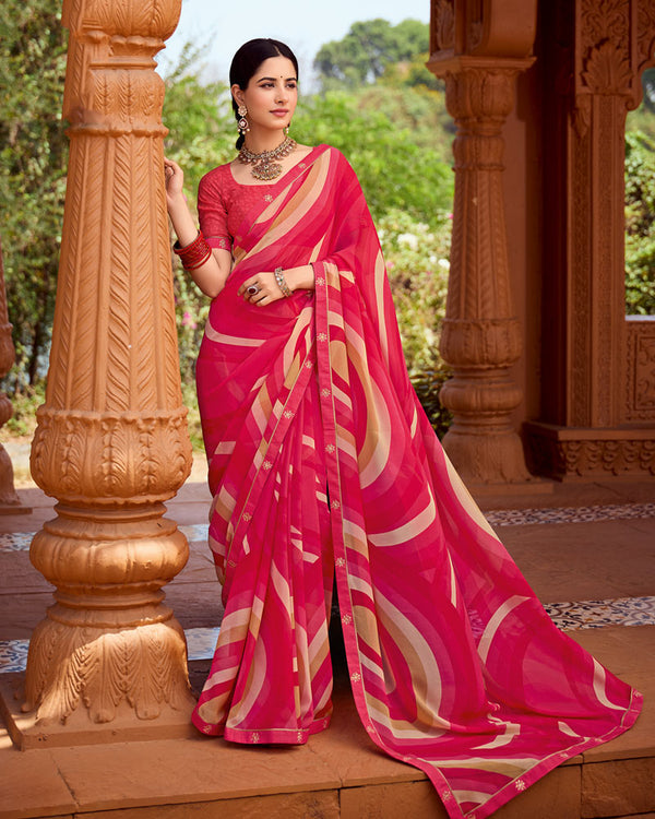 Vishal Prints Pastel Red Printed Georgette Saree With Fancy Border