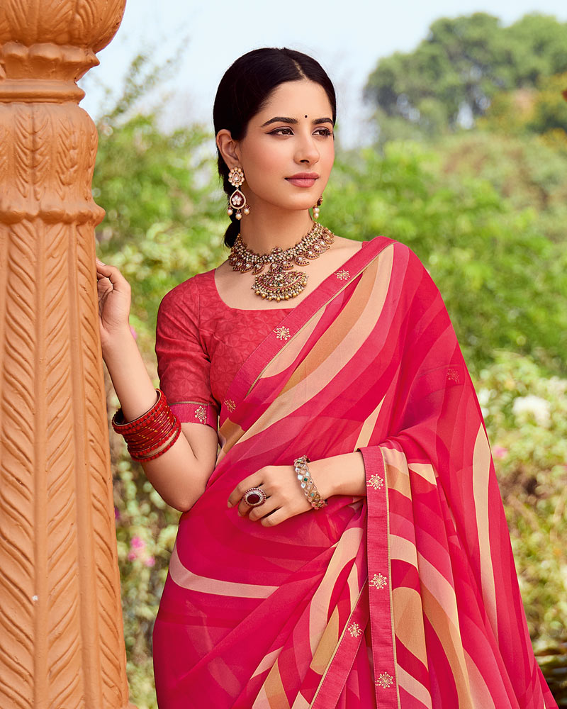 Vishal Prints Pastel Red Printed Georgette Saree With Fancy Border